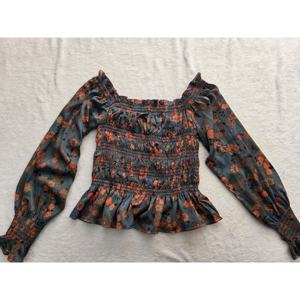 KORI Los Angeles Women's Large Smocked Off Shoulder Floral Peplum Blouse Boho...
